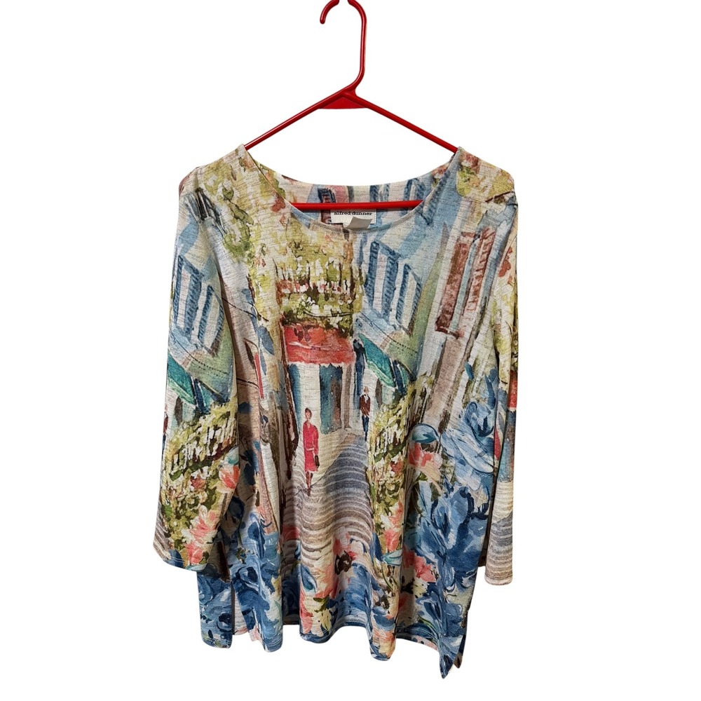 Alfred Dunner Size Large Blue European Street Scene Print 3/4 Sleeve Knit Top
